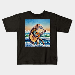 Pangolin playing guitar on waves Kids T-Shirt